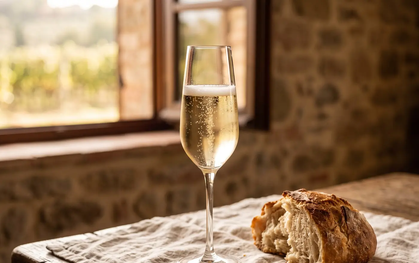 Un calice di vino spumante e del pane su una tovaglia di lino, davanti a una finestra che dà su una vigna.