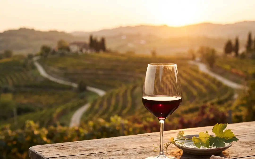 Colline di vigne al tramonto, con un calice di vino rosso su un tavolo di legno in primo piano.